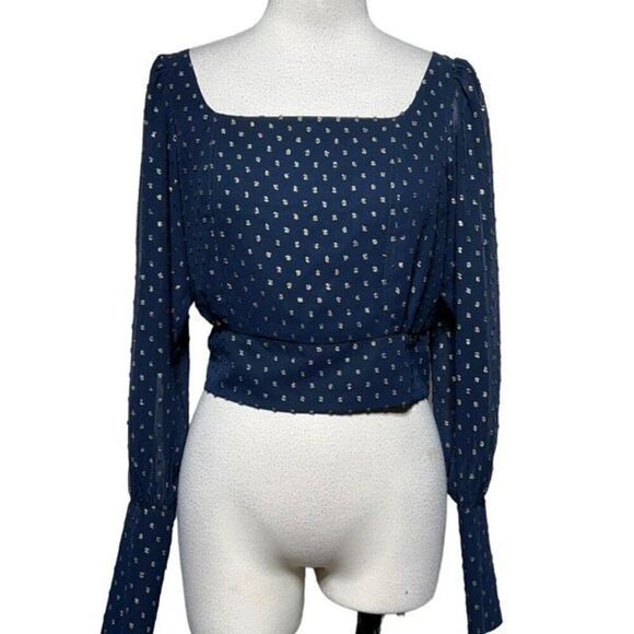 Mestiza New York Polka Dot Cropped Chiffon Puff Sleeve Size 4 Navy and Gold - Picture 1 of 5